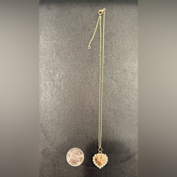 Upcycled Designer-Inspired Heart Pendant Necklace Pearl Trim Gold Tone - Picture 5 of 5